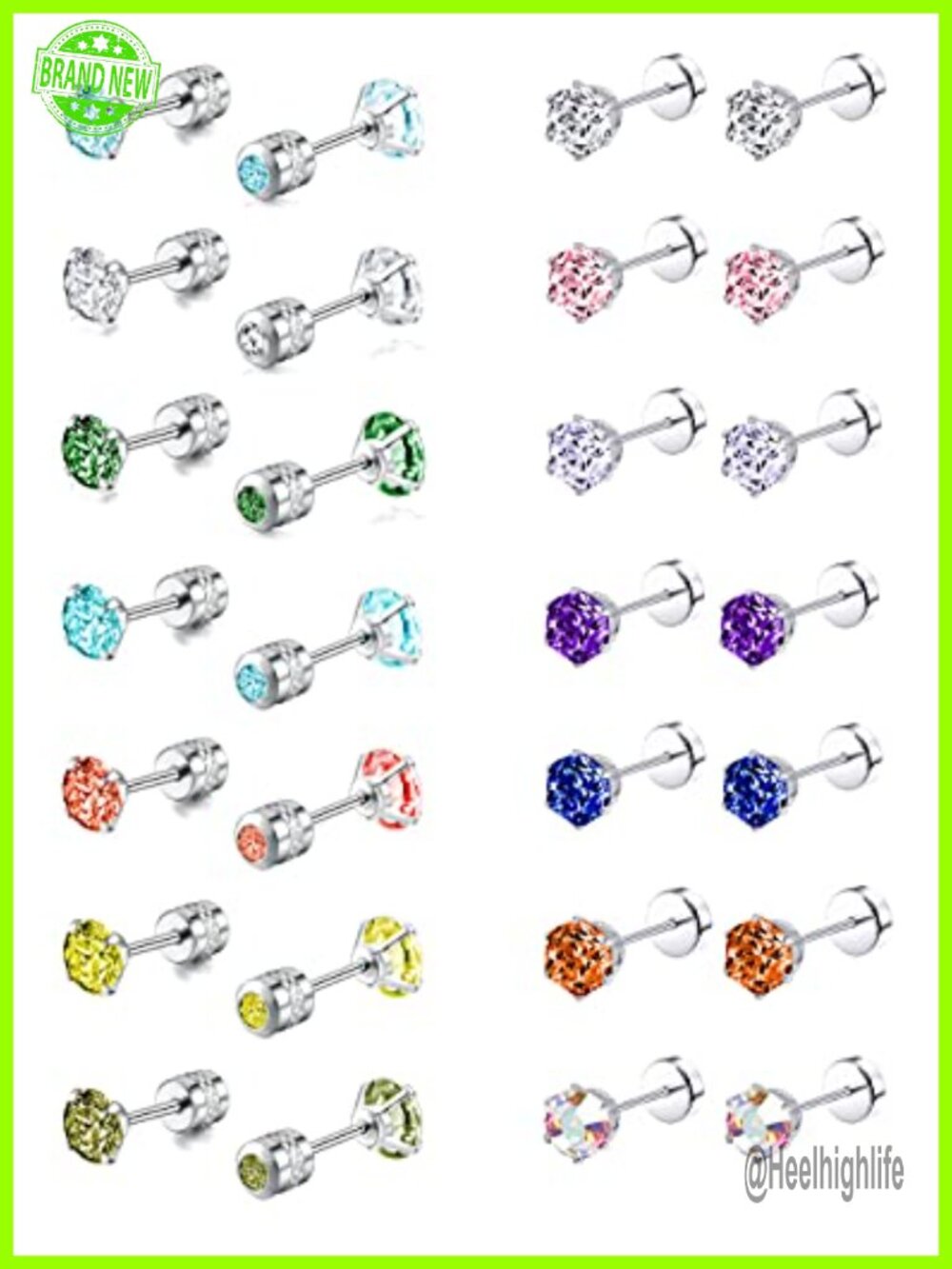 14 Pairs Stainless Steel CZ Stud Earrings Screwback 4MM Cartilage Set
